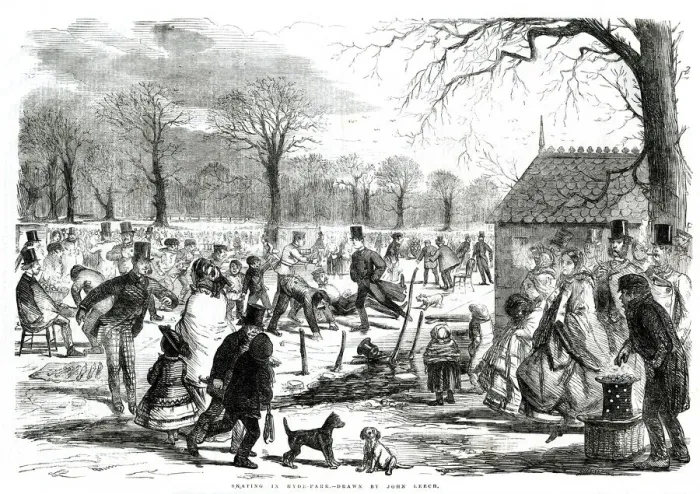 Framed Print : Skates in Hyde Park, drawn by John Leech 1857 Framed Print : Skates in Hyde Park, drawn by John Leech 1857