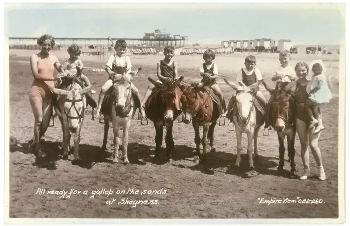Framed Print : Skegness, Lincolnshire: six children on donkeys, ready for a gallop on the sands Date: 1937 Framed Print : Skegness, Lincolnshire: six children on donkeys, ready for a gallop on the sands Date: 1937