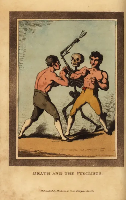 Framed Print : Skeleton of death aiming a dart at bareknuckle boxers Framed Print : Skeleton of death aiming a dart at bareknuckle boxers