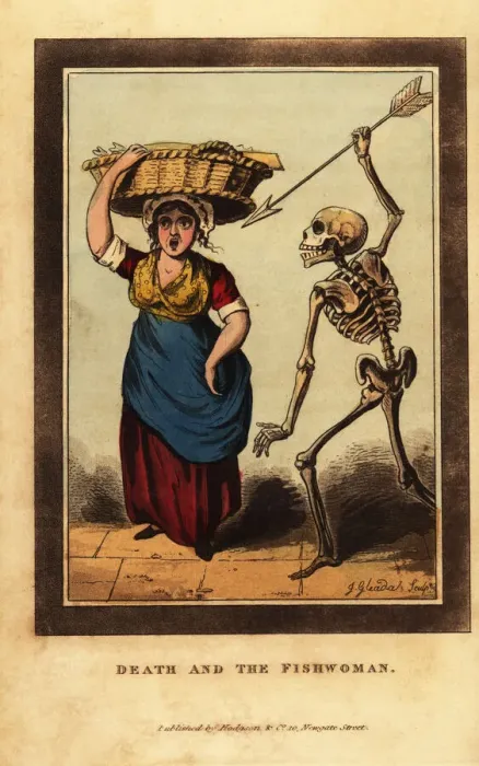 Framed Print : Skeleton of death aiming a dart at a Billingsgate fishwoman Framed Print : Skeleton of death aiming a dart at a Billingsgate fishwoman