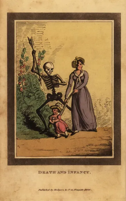 Framed Print : Skeleton of death aiming a dart at a child Framed Print : Skeleton of death aiming a dart at a child