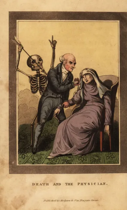 Framed Print : Skeleton of death aiming a dart at a doctor Framed Print : Skeleton of death aiming a dart at a doctor