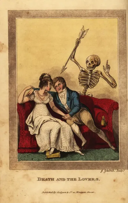 Framed Print : Skeleton of death aiming a dart at a lovers on a sofa Framed Print : Skeleton of death aiming a dart at a lovers on a sofa