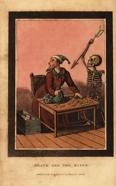 Skeleton of death aiming a dart at a miser
