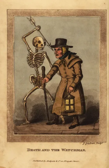 Framed Print : Skeleton of death aiming a dart at a nightwatchman Framed Print : Skeleton of death aiming a dart at a nightwatchman