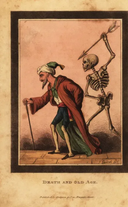 Framed Print : Skeleton of death aiming a dart at an old man on a street Framed Print : Skeleton of death aiming a dart at an old man on a street