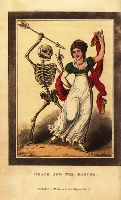 Framed Print : Skeleton of death aiming a dart at a woman dancing Framed Print : Skeleton of death aiming a dart at a woman dancing