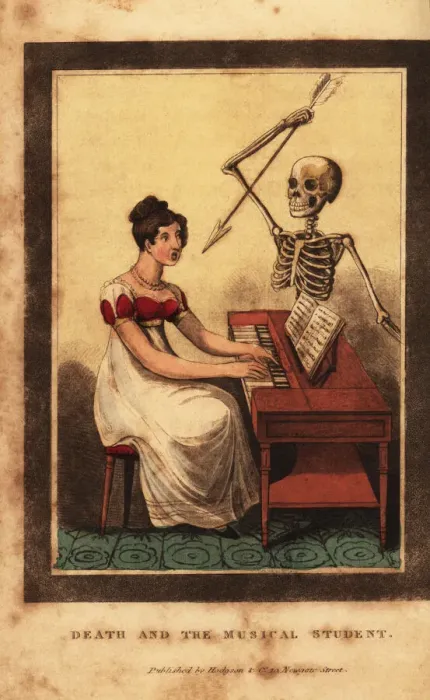 Framed Print : Skeleton of death aiming a dart at a woman playing the piano Framed Print : Skeleton of death aiming a dart at a woman playing the piano