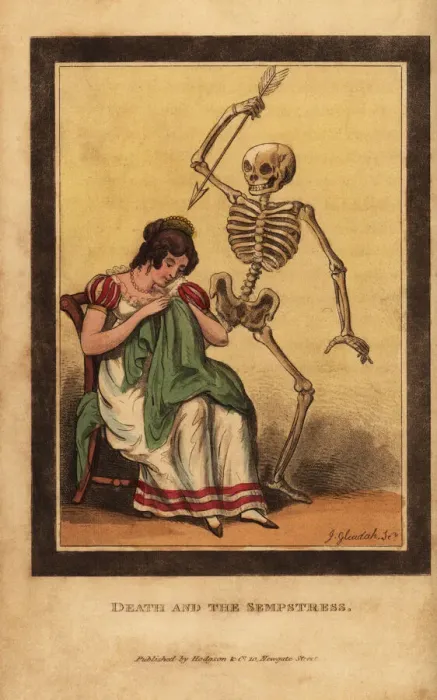 Framed Print : Skeleton of death aiming a dart at a woman sewing a garment Framed Print : Skeleton of death aiming a dart at a woman sewing a garment