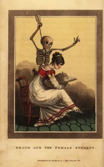 Framed Print : Skeleton of death aiming a dart at a woman studying Framed Print : Skeleton of death aiming a dart at a woman studying