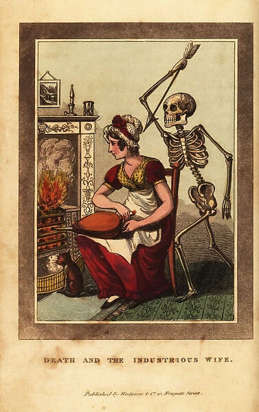 Skeleton of death aiming a dart at a woman tending a fire