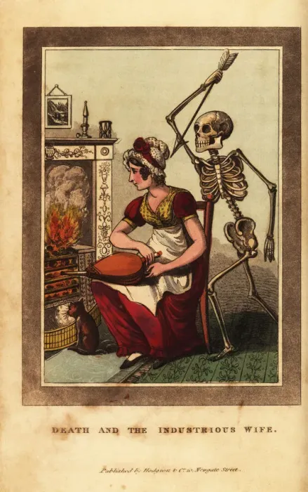 Framed Print : Skeleton of death aiming a dart at a woman tending a fire Framed Print : Skeleton of death aiming a dart at a woman tending a fire