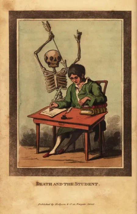 Framed Print : Skeleton of death aiming a dart at a young man at a desk Framed Print : Skeleton of death aiming a dart at a young man at a desk