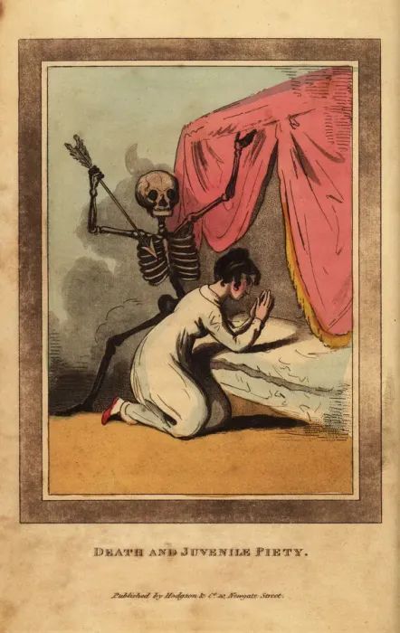 Framed Print : Skeleton of death aiming a dart at a young woman praying Framed Print : Skeleton of death aiming a dart at a young woman praying