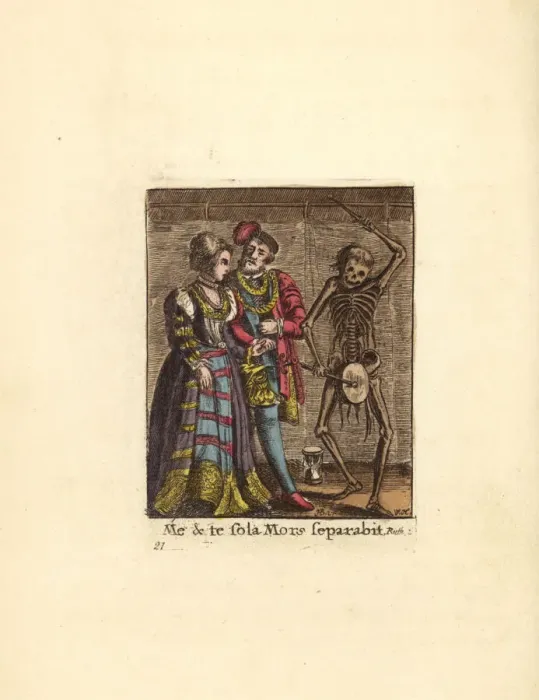 Framed Print : Skeleton of Death beating a drum for a newly married couple Framed Print : Skeleton of Death beating a drum for a newly married couple