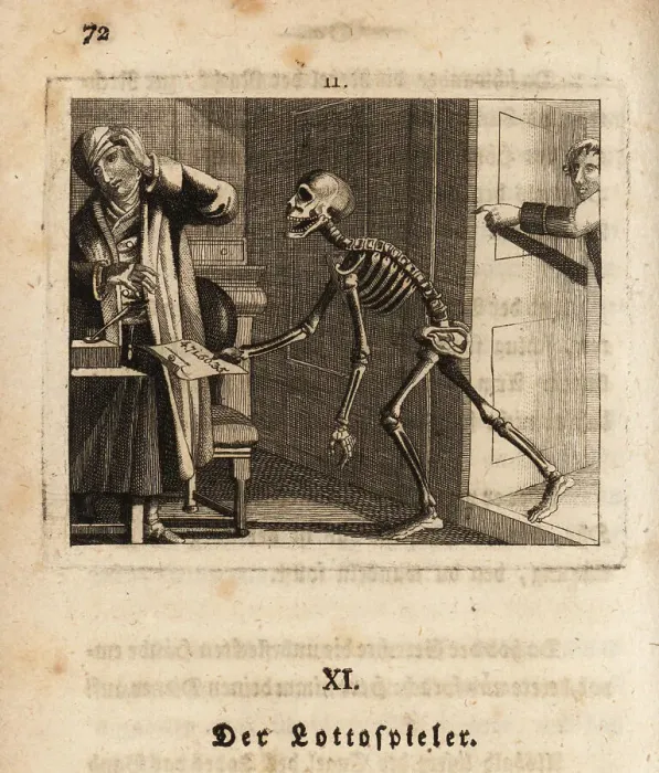 Framed Print : The skeleton of Death brings a lottery number to a gambler, 18th Framed Print : The skeleton of Death brings a lottery number to a gambler, 18th
