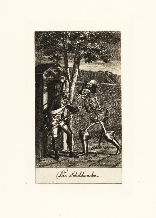Framed Print : The skeleton of Death comes for a guard Framed Print : The skeleton of Death comes for a guard