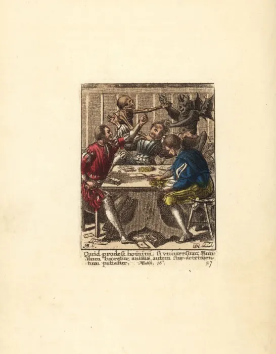 Framed Print : The Skeleton of Death and the Devil fight over a Gambler Framed Print : The Skeleton of Death and the Devil fight over a Gambler