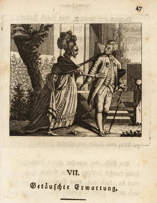 Framed Print : The skeleton of Death in a dress embraces a libertine, 18th cent Framed Print : The skeleton of Death in a dress embraces a libertine, 18th cent