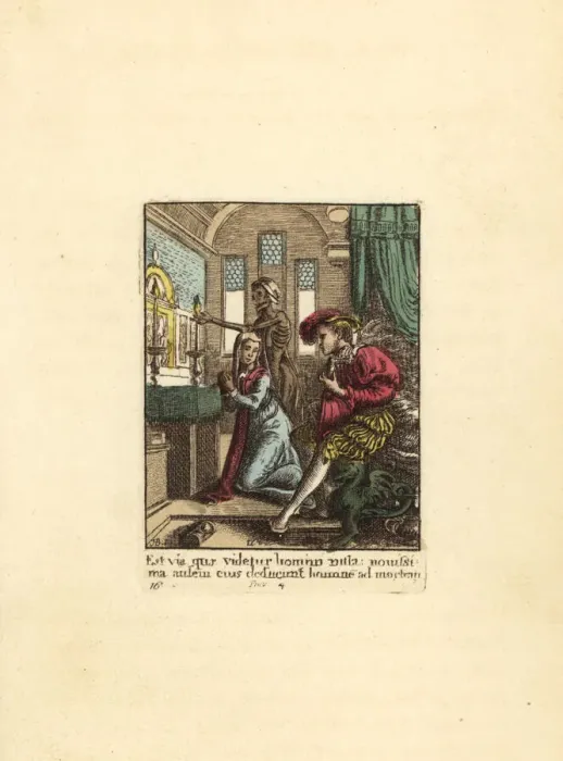 Framed Print : Skeleton of Death extinguishing candles before a Canoness Framed Print : Skeleton of Death extinguishing candles before a Canoness