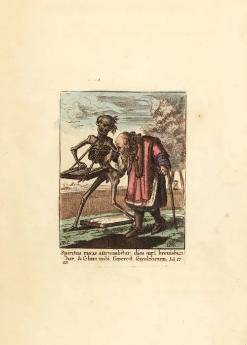 Framed Print : Skeleton of Death leading an Old Man to his grave Framed Print : Skeleton of Death leading an Old Man to his grave