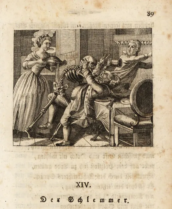 Framed Print : The skeleton of Death pours wine into a glutton's mouth Framed Print : The skeleton of Death pours wine into a glutton's mouth