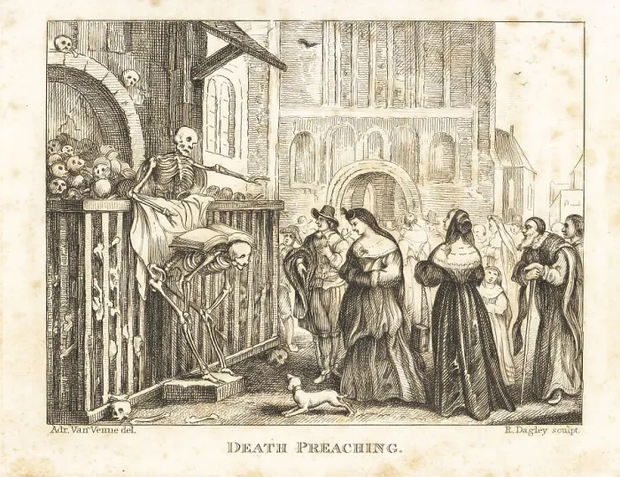 Framed Print : The skeleton of Death preaching to a crowd Framed Print : The skeleton of Death preaching to a crowd