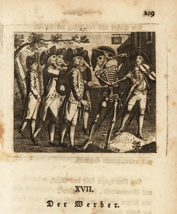 Framed Print : The skeleton of Death press-gangs a man, 18th century Framed Print : The skeleton of Death press-gangs a man, 18th century