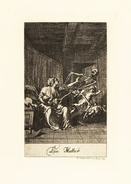 Framed Print : The skeleton of Death pulls on the arm of a mother in a nursery Framed Print : The skeleton of Death pulls on the arm of a mother in a nursery