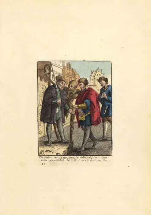 Framed Print : Skeleton of Death showing the hourglass to an Advocate