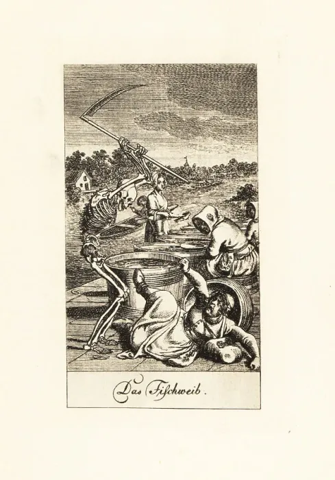 Framed Print : The skeleton of Death slashes a fishwife with a scythe Framed Print : The skeleton of Death slashes a fishwife with a scythe