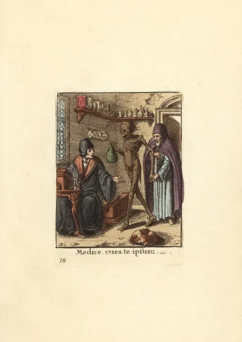 Framed Print : Skeleton of Death taunting a Physician to Framed Print : Skeleton of Death taunting a Physician to