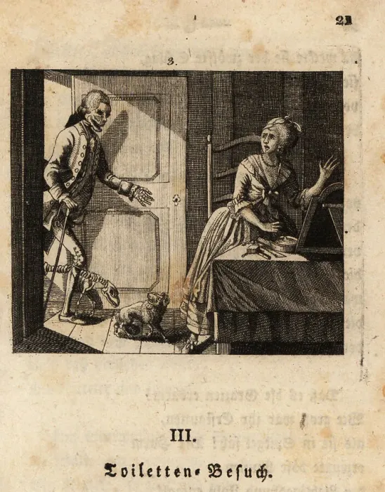Framed Print : The skeleton of Death visits a woman in her boudoir Framed Print : The skeleton of Death visits a woman in her boudoir