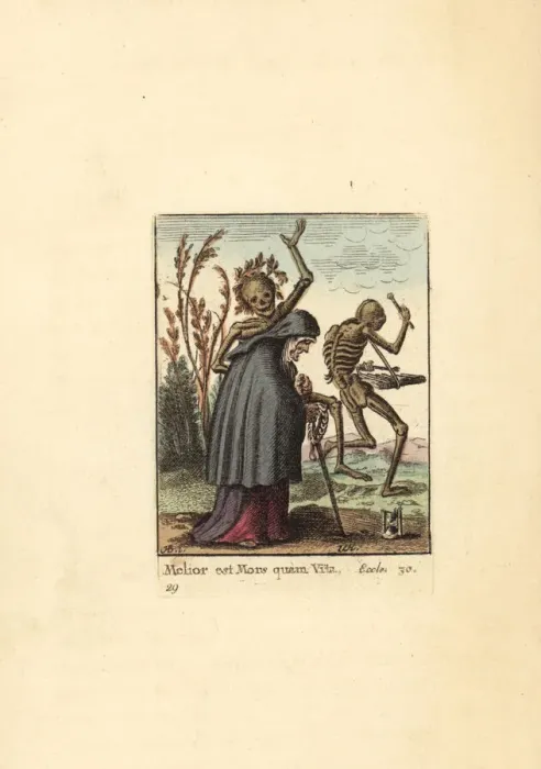 Framed Print : Two Skeletons of Death lead an Old Woman to her fate Framed Print : Two Skeletons of Death lead an Old Woman to her fate