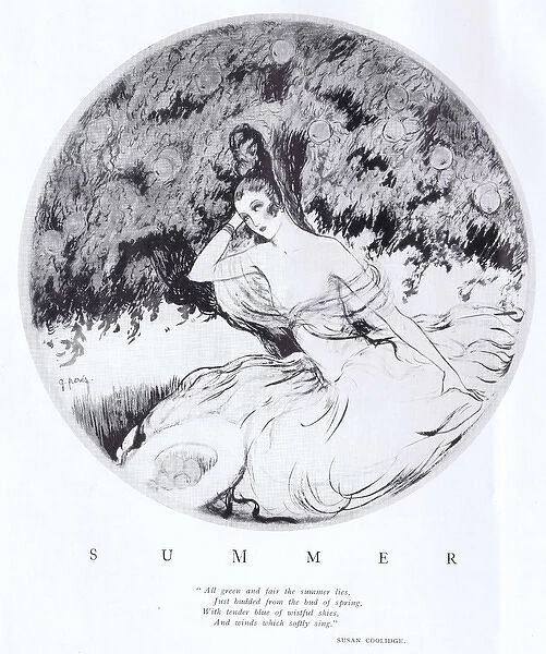 Sketch by G. Peres of Summer with a young women under apple