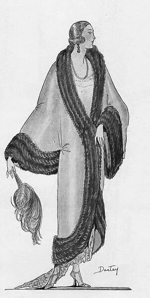 Sketch of gown and fur coat by Worth, 1923
