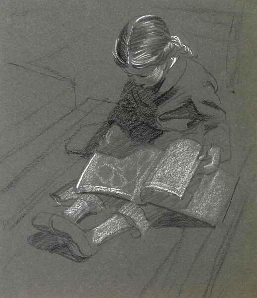 Sketch of a little girl reading a book