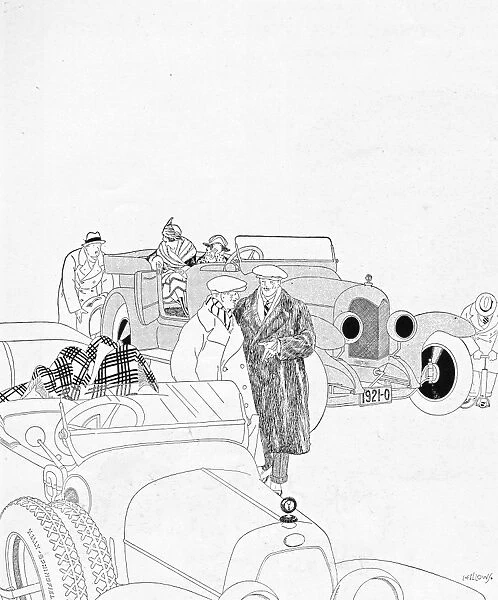 Sketch of men and their motor cars, 1921