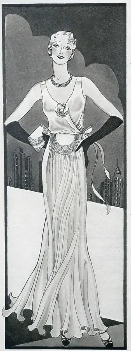 Framed Print : A sketch showing the current fashion in women's eveningwear, including gloves, jewellery, evening bag and shoes. Date: circa 1932 Framed Print : A sketch showing the current fashion in women's eveningwear, including gloves, jewellery, evening bag and shoes. Date: circa 1932