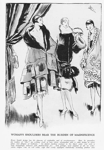 Sketch by Soulie of three sumptuous fur coats, Paris, 1926