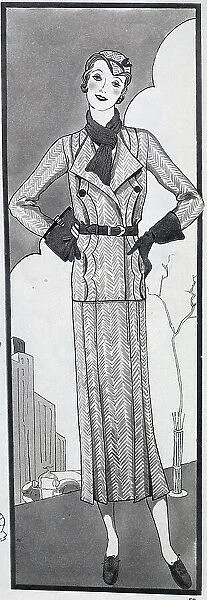 A sketch of a woman in a fashionable tweed suit, accessorised with hat, scarf and handbag. This sort of outfit was popular for wearing in the country, or for mornings in town. Date: circa 1932