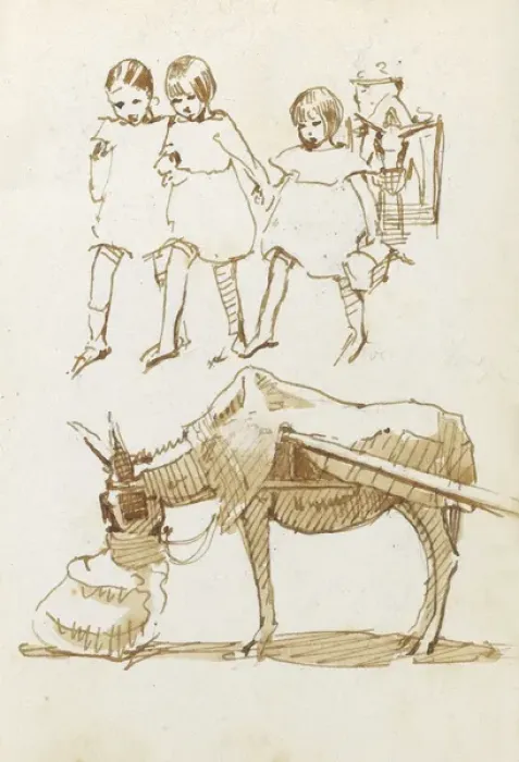 Framed Print : Sketches of children and donkey Framed Print : Sketches of children and donkey