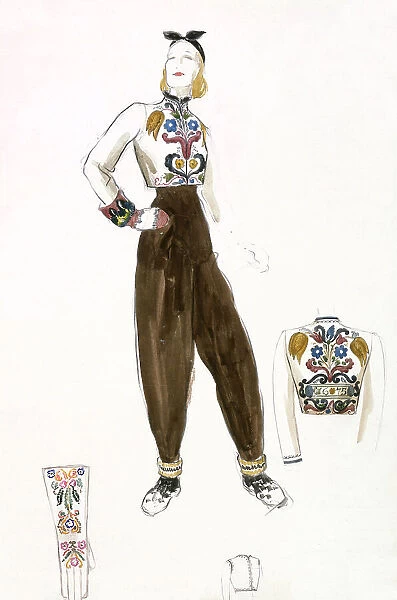 Ski outfit, based on a traditional Austrian folk pattern with an embroidered top, designed for Hello Date: 1930s
