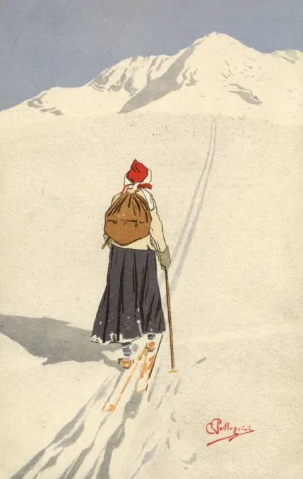 Framed Print : Skier with backpack following tracks - Switzerland - 1900s Framed Print : Skier with backpack following tracks - Switzerland - 1900s