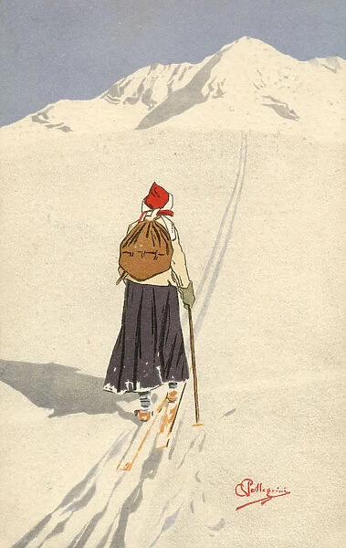 Skier with backpack following tracks - Switzerland - 1900s