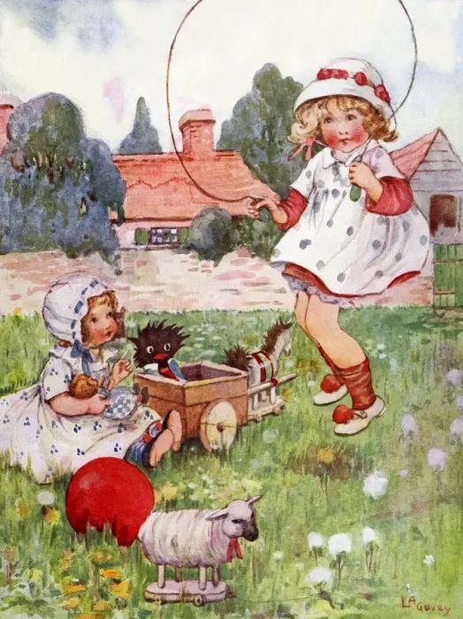 Framed Print : Skipping - Girls in the garden with their toys and dolls and one skipping Framed Print : Skipping - Girls in the garden with their toys and dolls and one skipping
