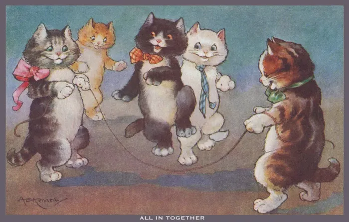 Framed Print : Skipping. Happy cats playing a skipping game. Artist: A E Kennedy Date: 1918 Framed Print : Skipping. Happy cats playing a skipping game. Artist: A E Kennedy Date: 1918
