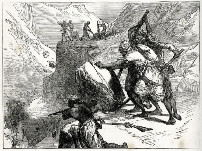 Framed Print : Skirmish in a mountain pass, Lushai Expedition (1871-1872) Framed Print : Skirmish in a mountain pass, Lushai Expedition (1871-1872)