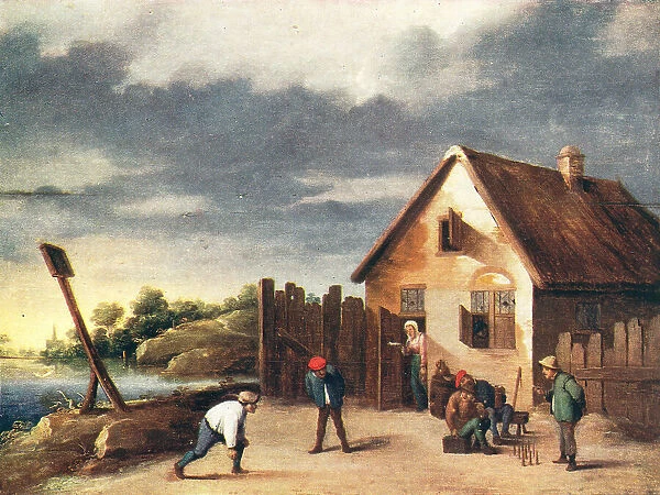 Skittles. A painting which depicts the scene of some figures playing skittles