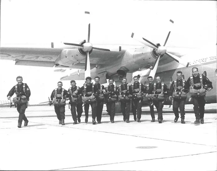 Framed Print : Sky divers belonging to the RAF Falcons freefall team, taking part in an activity in France, with a large aircraft in the background. Date: 1965 Framed Print : Sky divers belonging to the RAF Falcons freefall team, taking part in an activity in France, with a large aircraft in the background. Date: 1965